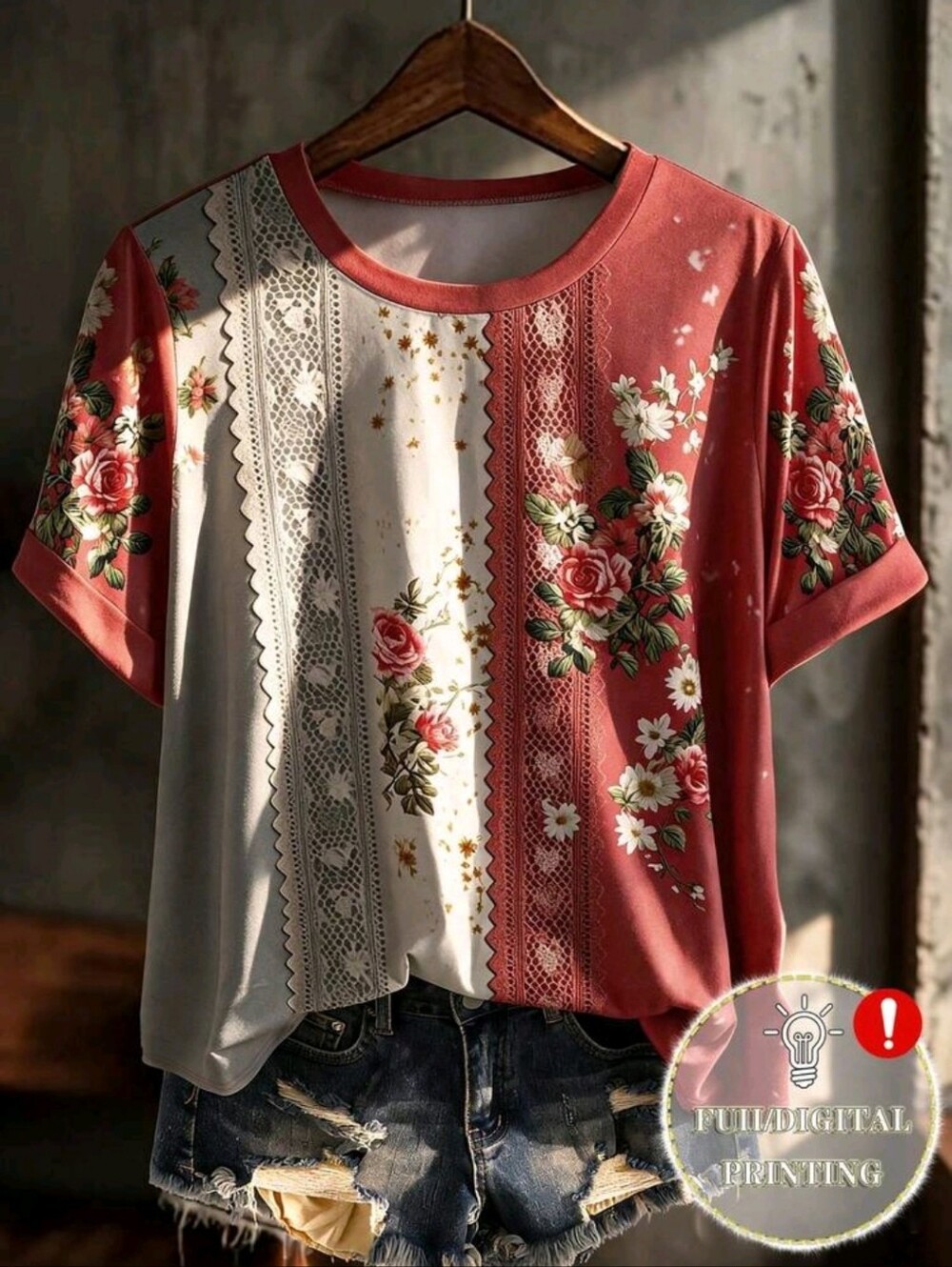 SALE ** BRAND NEW ** Women's Floral Panel Tee - Rust & Cream